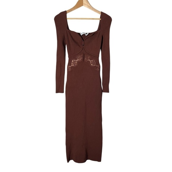 SELF-PORTRAIT Rib Knit Lace Insert Long Sleeve Midi Bodycon Fitted Dress - Picture 3 of 10